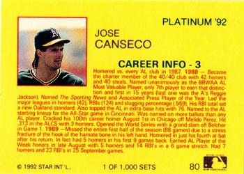 1992 Star Platinum #80 Jose Canseco Back