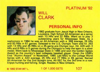 1992 Star Platinum #107 Will Clark Back