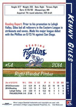 2014 Grandstand Reading Fightin Phils #10 Kenny Giles Back