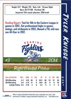 2014 Grandstand Reading Fightin Phils #15 Tyler Knigge Back