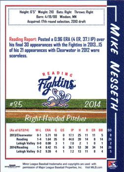 2014 Grandstand Reading Fightin Phils #20 Mike Nesseth Back