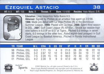 2002 MultiAd Lakewood BlueClaws #1 Ezequiel Astacio Back