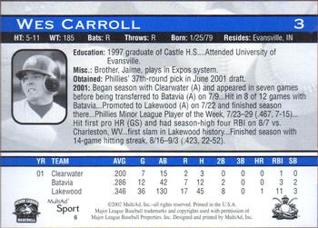 2002 MultiAd Lakewood BlueClaws #6 Wes Carroll Back