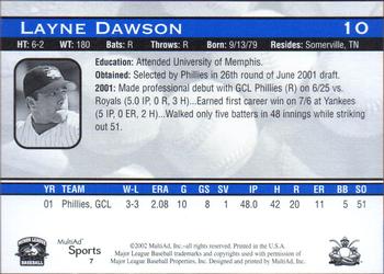 2002 MultiAd Lakewood BlueClaws #7 Layne Dawson Back