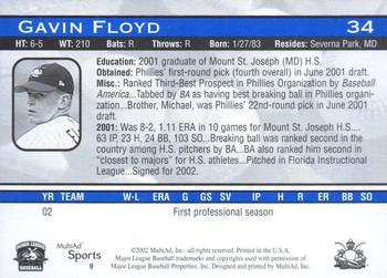 2002 MultiAd Lakewood BlueClaws #9 Gavin Floyd Back