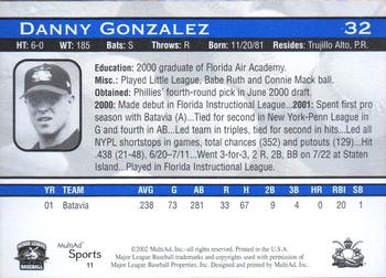 2002 MultiAd Lakewood BlueClaws #11 Danny Gonzalez Back