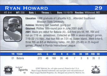 2002 MultiAd Lakewood BlueClaws #12 Ryan Howard Back