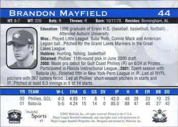 2002 MultiAd Lakewood BlueClaws #17 Brandon Mayfield Back