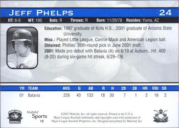 2002 MultiAd Lakewood BlueClaws #19 Jeff Phelps Back