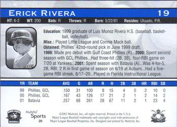 2002 MultiAd Lakewood BlueClaws #20 Erick Rivera Back