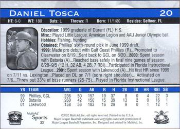 2002 MultiAd Lakewood BlueClaws #23 Daniel Tosca Back