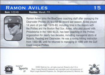 2002 MultiAd Lakewood BlueClaws #27 Ramon Aviles Back