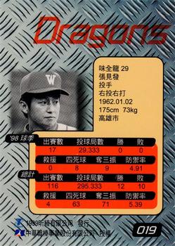 1998 CPBL T-Point Traditional Card Series #019 Chien-Fa Chang Back