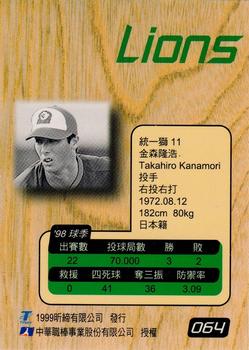 1998 CPBL T-Point Traditional Card Series #064 Takahiro Kanamori Back
