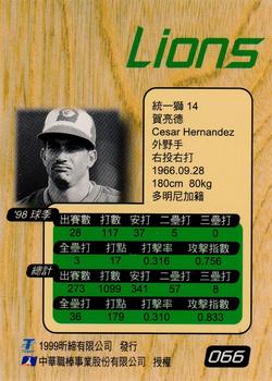 1998 CPBL T-Point Traditional Card Series #066 Cesar D. Hernandez Back