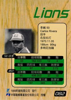 1998 CPBL T-Point Traditional Card Series #082 Carlos Rivera Back