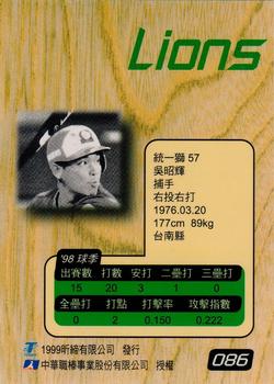 1998 CPBL T-Point Traditional Card Series #086 Chao-Hui Wu Back