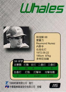 1998 CPBL T-Point Traditional Card Series #115 Raymond Nunez Back