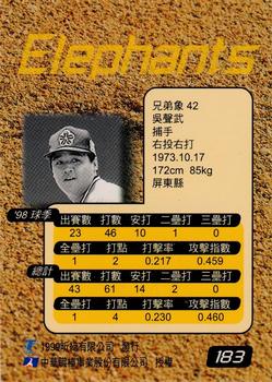 1998 CPBL T-Point Traditional Card Series #183 Sheng-Wu Wu Back