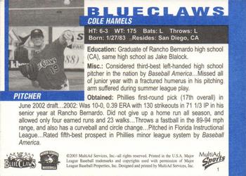 2003 MultiAd Lakewood BlueClaws #1 Cole Hamels Back