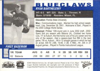 2003 MultiAd Lakewood BlueClaws #2 Ryan Barthelemy Back