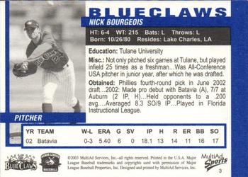 2003 MultiAd Lakewood BlueClaws #3 Nick Bourgeois Back