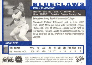 2003 MultiAd Lakewood BlueClaws #4 Omar Bramasco Back
