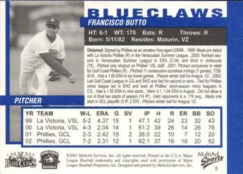 2003 MultiAd Lakewood BlueClaws #5 Francisco Butto Back