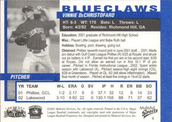2003 MultiAd Lakewood BlueClaws #6 Vinnie DeChristofaro Back