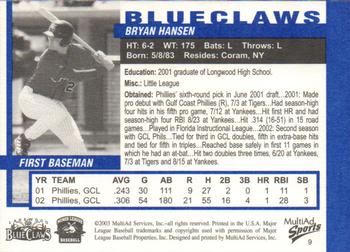 2003 MultiAd Lakewood BlueClaws #9 Bryan Hansen Back