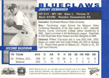 2003 MultiAd Lakewood BlueClaws #10 Jeremy Isenhower Back