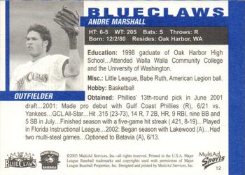 2003 MultiAd Lakewood BlueClaws #12 Andre Marshall Back