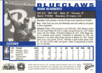 2003 MultiAd Lakewood BlueClaws #14 Mark McRoberts Back