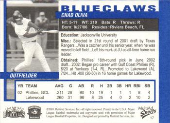 2003 MultiAd Lakewood BlueClaws #17 Chad Oliva Back
