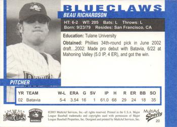 2003 MultiAd Lakewood BlueClaws #20 Beau Richardson Back