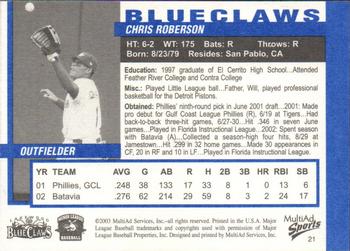 2003 MultiAd Lakewood BlueClaws #21 Chris Roberson Back