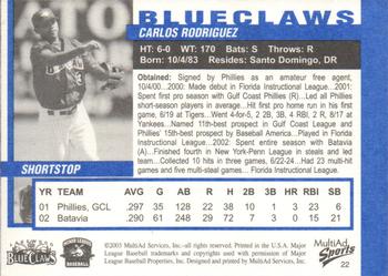 2003 MultiAd Lakewood BlueClaws #22 Carlos Rodriguez Back