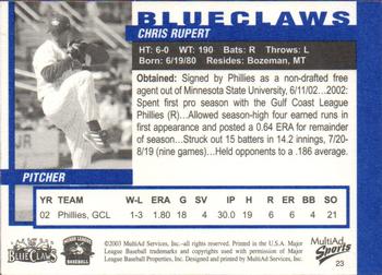 2003 MultiAd Lakewood BlueClaws #23 Chris Rupert Back