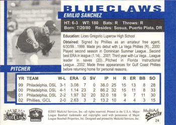 2003 MultiAd Lakewood BlueClaws #24 Emilio Sanchez Back
