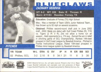 2003 MultiAd Lakewood BlueClaws #26 Zachary Segovia Back