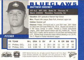2003 MultiAd Lakewood BlueClaws #27 Matthew Sweeney Back