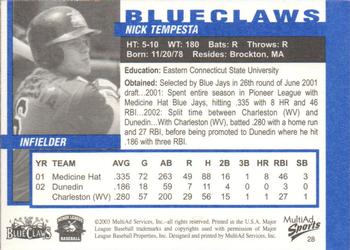 2003 MultiAd Lakewood BlueClaws #28 Nick Tempesta Back