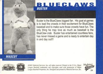2003 MultiAd Lakewood BlueClaws #34 Buster Back