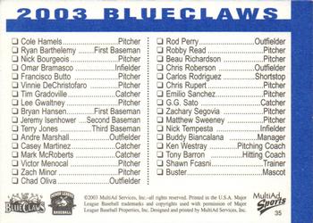 2003 MultiAd Lakewood BlueClaws #35 Team Photo Back