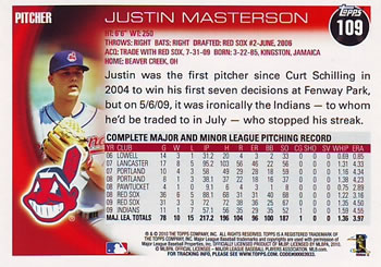 2010 Topps #109 Justin Masterson Back