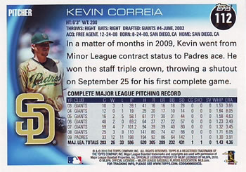 2010 Topps #112 Kevin Correia Back