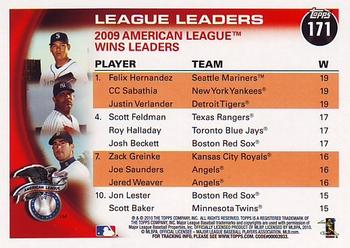 2010 Topps #171 AL Wins Leaders (Felix Hernandez / CC Sabathia / Justin Verlander) Back