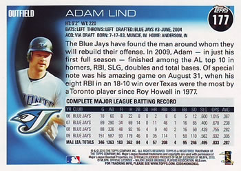 2010 Topps #177 Adam Lind Back