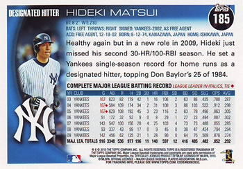 2010 Topps #185 Hideki Matsui Back