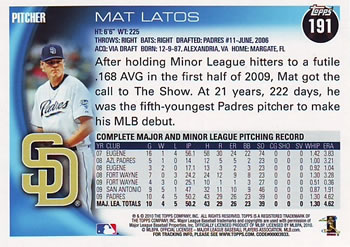 2010 Topps #191 Mat Latos Back